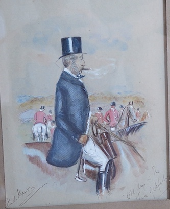George Finch Mason (1850-1915), Study of a huntsman, possibly Basil E. Wenham?, indistinct inscriptions, and a study of a jockey, two watercolours heightened with white, largest 18 x 21cm